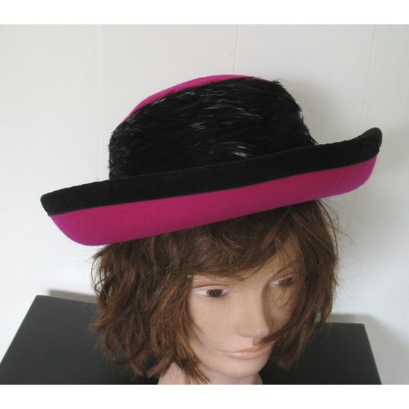 Vintage 80s Fedora Hat NWT Wool Black Feather Trim By Gantos - Picture 3 of 10